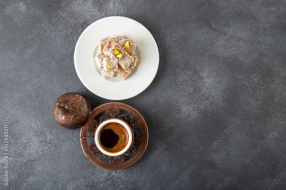 Traditional pistachio Turkish delight and Turkish coffee
