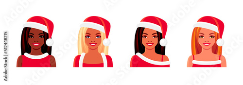 Christmas icons set of African American and European girls. Smiling young women wearing Santa Claus caps. Vector illustrations isolated on white background