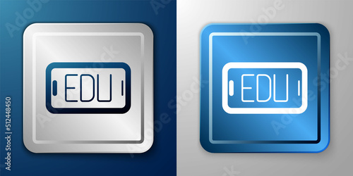 White Online education and graduation icon isolated on blue and grey background. Online teacher on monitor. Webinar and video seminar learning. Silver and blue square button. Vector
