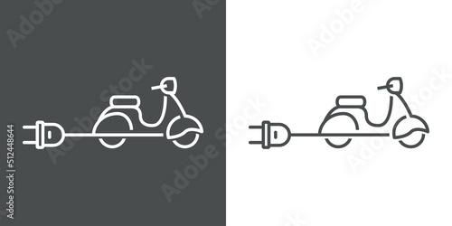 Logo scooter eléctrico. Vector con silueta de moto con enchufe con cable. Icono lineal. Fondo gris y fondo blanco