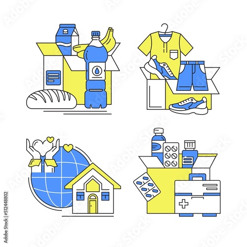 Set of humanitarian, linear, colored, vector icons. Charity. Medical assistance, food and clothing donation for Ukraine.
