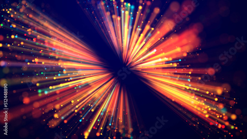 Magic multicolored sparkles of light with rays form flickering abstract simple structures like fiber optic or laser show with amazing bokeh for fantastic background. 3d render