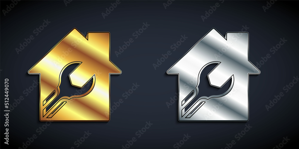 Gold and silver House or home with wrench spanner icon isolated on black background. Adjusting, service, setting, maintenance, repair, fixing. Long shadow style. Vector Gold and silver House or home with wrench spanner icon isolated on black background. Adjusting, service, setting, maintenance, repair, fixing. Long shadow style. Vector