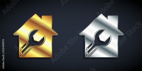 Gold and silver House or home with wrench spanner icon isolated on black background. Adjusting, service, setting, maintenance, repair, fixing. Long shadow style. Vector