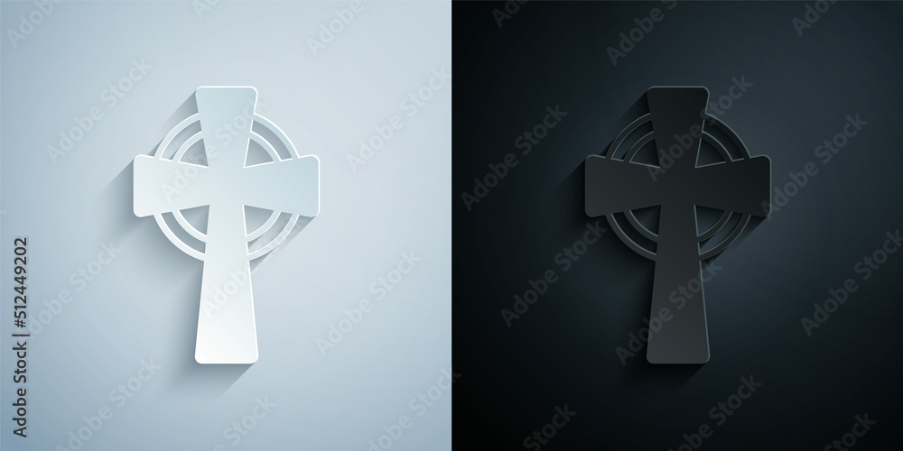 Obraz premium Paper cut Celtic cross icon isolated on grey and black background. Happy Saint Patricks day. National Irish holiday. Paper art style. Vector