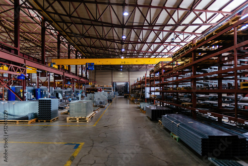 Metal profile factory production line. Manufactured metal parts