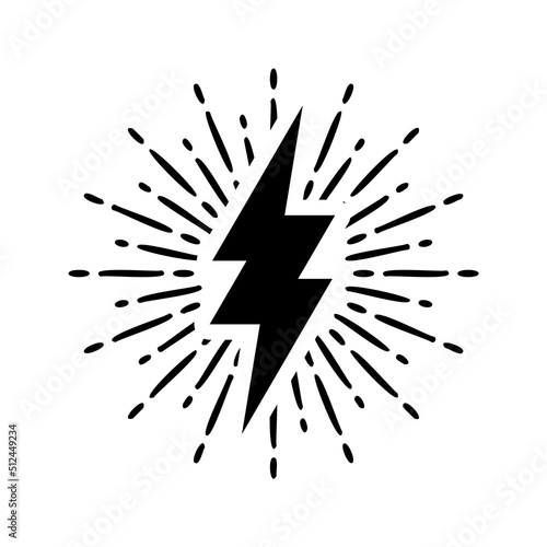 Vintage lightning bolt and sun rays isolated on white background. Lightnings with sunburst effect. Thunderbolt, electric shock sign. Vector illustration