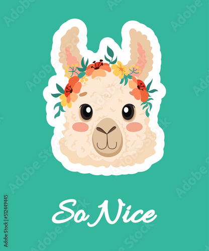 Cute alpaca lama head with flower crown. Design for nursery decoration, poster, birthday greeting cards, baby shower, textile printing. Vector cartoon children illustration