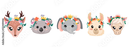 Cute animal faces with flower crowns. Vector cartoon illustrations for nursery design, birthday greeting cards, baby shower posters and children print textile. Deer elephant koala alpaca and horse