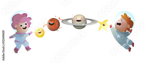 Kids astronaut fantasy with planets stars and sun, Children girl and boy flying in galaxy with smiling characters. Vector isolated illustration clipart for baby.