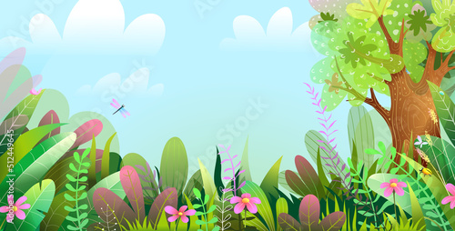 Forest or jungle wallpaper with tree and colorful foliage, with copyspace for text. Children forest or woods illustration for cover or horizontal banner design. Vector jungle for kids.
