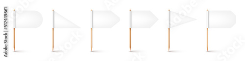 Realistic various toothpick flags. Wooden toothpicks with white paper flag. Location mark, map pointer. Blank mockup for advertising and promotions. Vector illustration