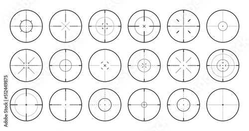 Various sniper rifle sights, weapon optical scope crosshair. Hunting gun viewfinder. Shooting mark symbol, aim. Military target sign. Game interface UI element. Vector illustration