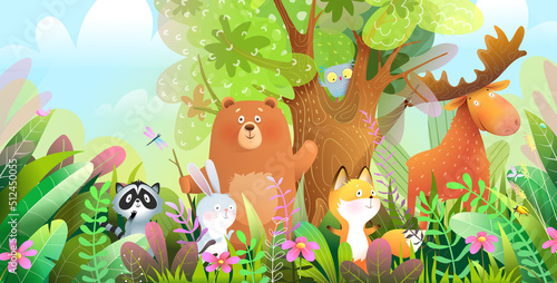 Forest animals cute colorful illustration for children. Bear, moose raccoon rabbit and fox in the wild forest, characters for kids. Vector animals in nature wallpaper for children. © Popmarleo