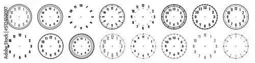 Mechanical clock faces with arabic numerals, bezel. Watch dial with minute, hour marks and numbers. Timer or stopwatch element. Blank measuring circle scale with divisions. Vector illustration