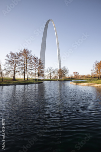 Reflection of Gateway Arch of St. Louis on surface of lake with deep calm blue sky at National Park
