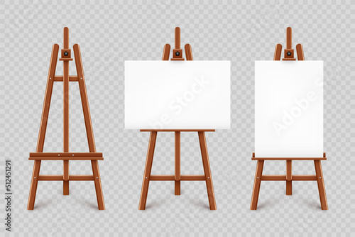 Realistic paint desk with blank white canvas. Wooden easel and a sheet of drawing paper. Presentation board on a tripod. Artwork mockup, template. Vector illustration