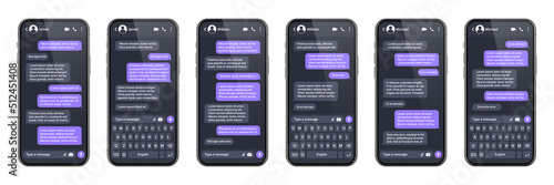 Realistic smartphone with messaging app. SMS text frame. Conversation chat screen with violet message bubbles and placeholder text. Social media application. Vector illustration.