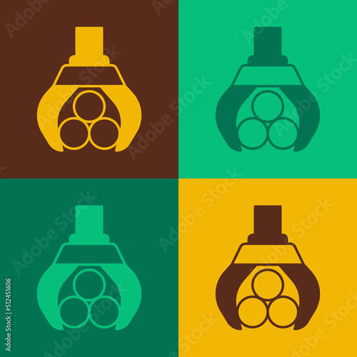 Pop art Grapple crane grabbed a log icon isolated on color background. Forest industry. Industrial crane for lumber trunk wood production. Vector