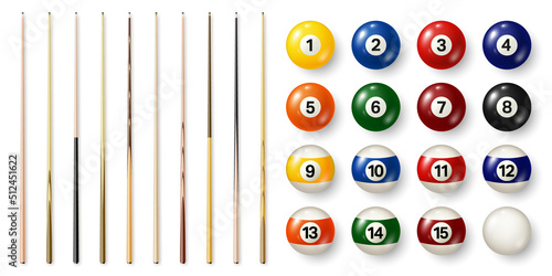 Colorful billiard balls with numbers and various pool cues. Glossy snooker ball. Sports equipment. Vector illustration.