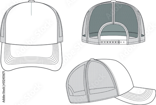 Trucker Hat Snapback Technical Drawing Illustration Blank Streetwear Mock-up Template for Design and Tech Packs CAD Strap Mesh photo