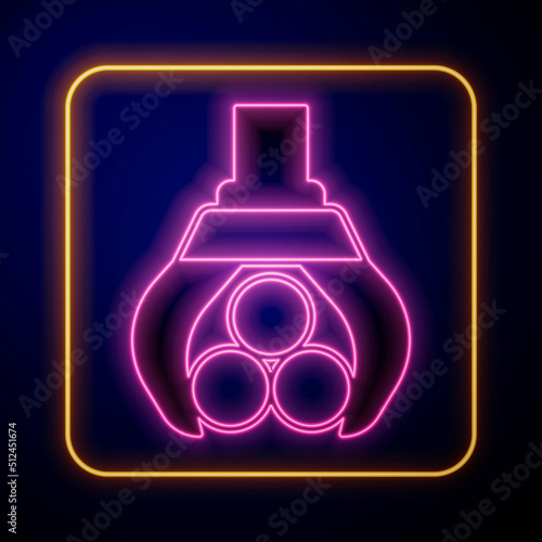 Glowing neon Grapple crane grabbed a log icon isolated on black background. Forest industry. Industrial crane for lumber trunk wood production. Vector