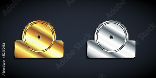 Gold and silver Otolaryngological head reflector icon isolated on black background. Equipment for inspection the patients ear, throat and nose. Long shadow style. Vector