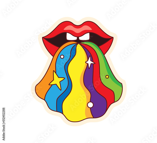 Lips from which a rainbow pours. Psychedelic retro sticker in cartoon style.Retro element in funky, hippie style. Vector illustration of 70s, 80s