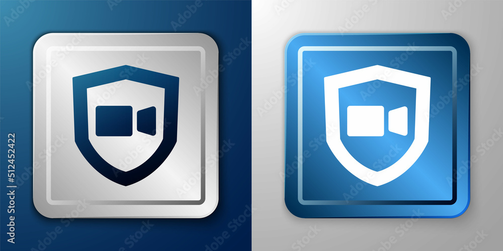 White Video chat conference icon isolated on blue and grey background. Online meeting work form home. Remote project management. Silver and blue square button. Vector White Video chat conference icon isolated on blue and grey background. Online meeting work form home. Remote project management. Silver and blue square button. Vector