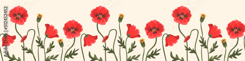 Seamless vector floral border with red poppies. Bright colorful horizontal ornament with flowers for prints  fabrics and backgrounds. Surface design. Vivid colors. Hand drawn flat doodle illustration 