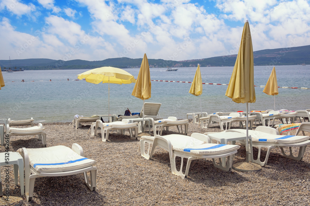 Summer beach vacation.  Beautiful Mediterranean landscape. Montenegro, Adriatic Sea, view of Bay of Kotor near Tivat city
