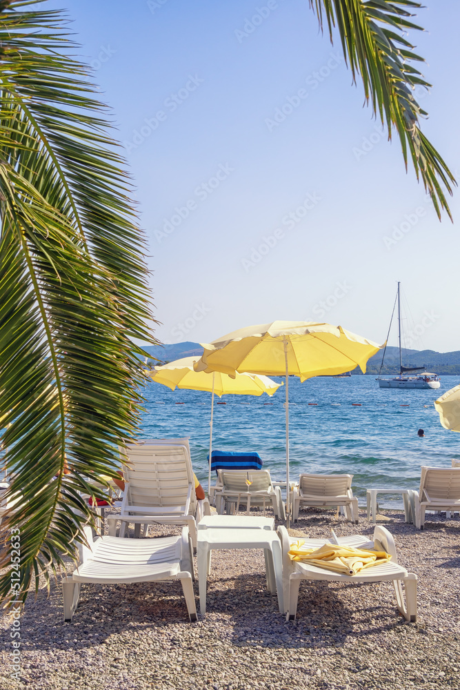 Beach vacation.  Beautiful Mediterranean landscape. Montenegro, Adriatic Sea, view of Bay of Kotor near Tivat city on sunny autumn day. Copy space