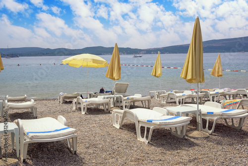 Summer beach vacation.  Beautiful Mediterranean landscape. Montenegro  Adriatic Sea  view of Bay of Kotor near Tivat city