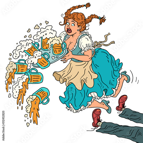 The girl tripped over a drunk customer, drops the beer. a waitress with a beer, in national clothes. Oktoberfest festival, restaurant pub tavern