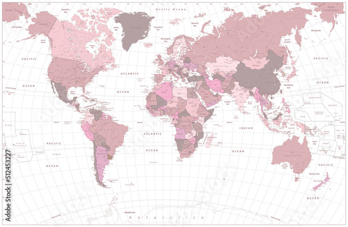 Fototapeta Naklejka Na Ścianę i Meble -  Pink world map with names of countries and their capitals