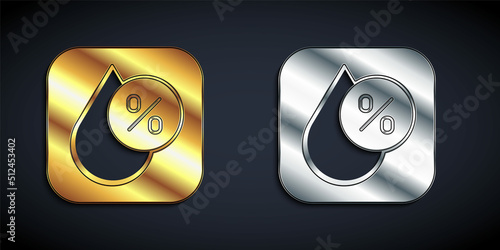 Gold and silver Water drop percentage icon isolated on black background. Humidity analysis. Long shadow style. Vector