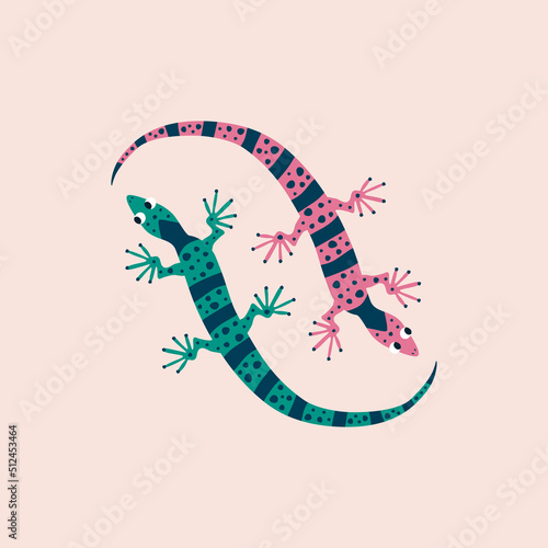Colorful lizards hand drawn vector illustration. Funny geckos character in flat style for kids logo or icon.
