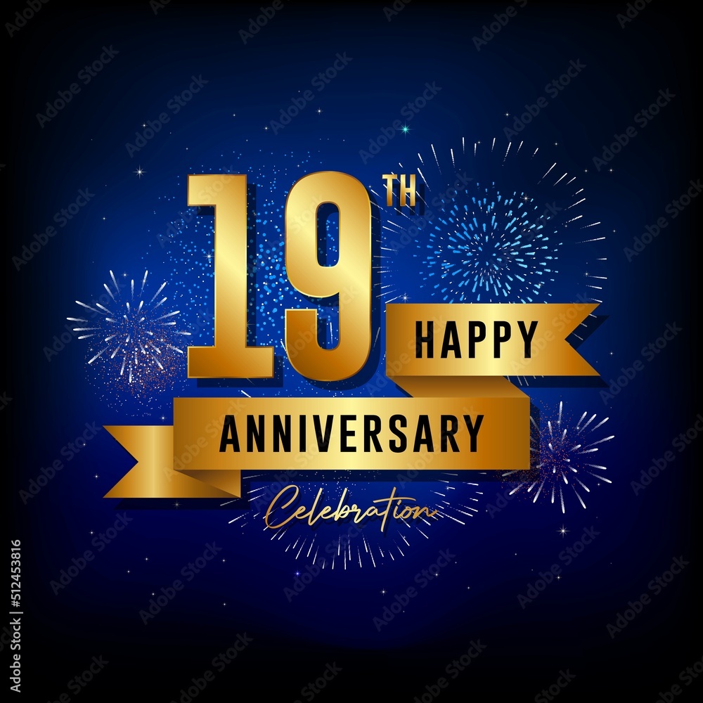 Fototapeta premium 19th anniversary logo with golden ribbon for booklets, leaflets, magazines, brochure posters, banners, web, invitations or greeting cards. Vector illustrations.