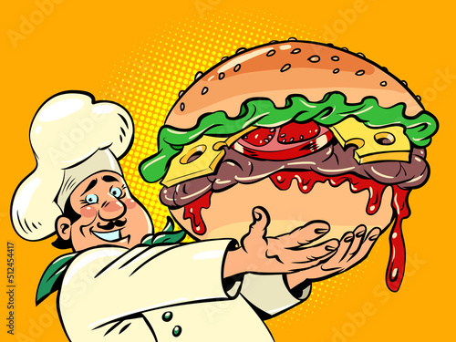 chef with a huge burger, fast food street restaurant. Delicious cheeseburger