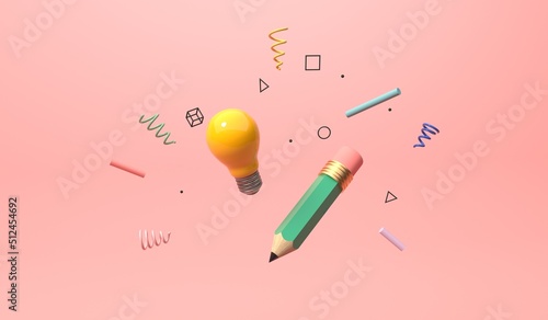Education and school theme with a lightbulb and a pencil - 3D render