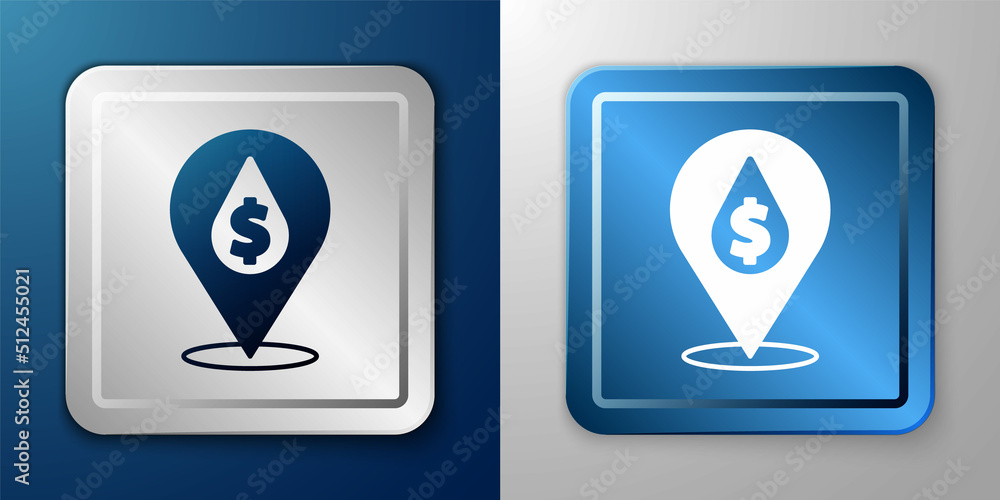 White Oil drop with dollar symbol icon isolated on blue and grey background. Oil price. Oil and petroleum industry. Silver and blue square button. Vector White Oil drop with dollar symbol icon isolated on blue and grey background. Oil price. Oil and petroleum industry. Silver and blue square button. Vector