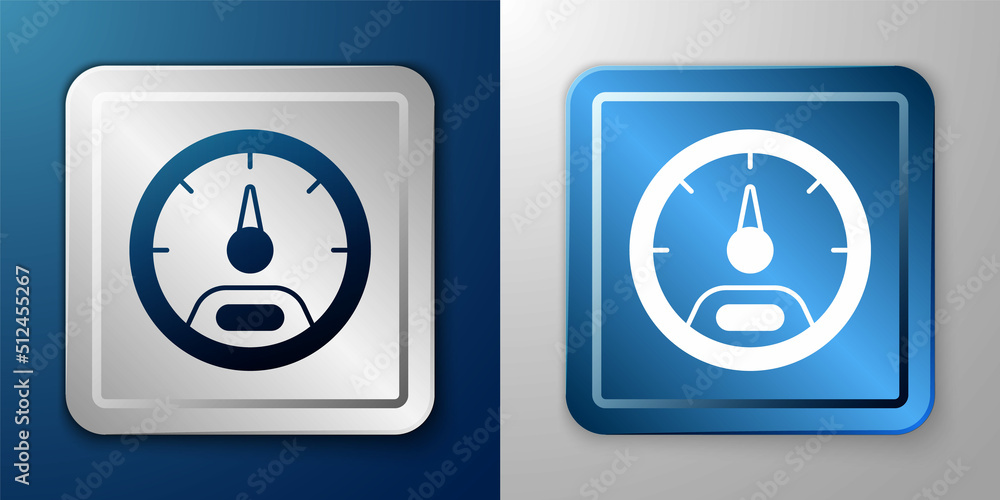 White Speedometer icon isolated on blue and grey background. Silver and blue square button. Vector White Speedometer icon isolated on blue and grey background. Silver and blue square button. Vector