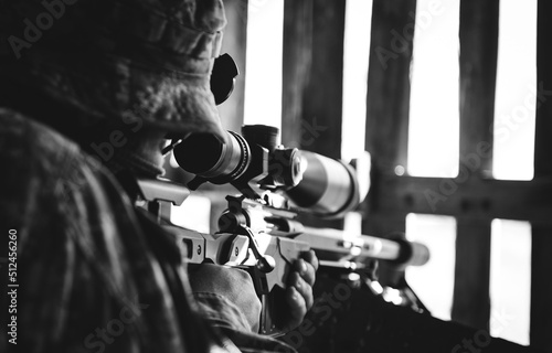 Ukrainian sniper in defense of his country. black and white photo.