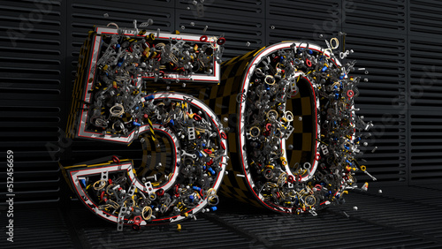 Toolbox in the shape of the number 50 from which an explosion of nuts, bolts, tools, metal parts, springs and spheres comes out against a background of metal plates. 3D Illustration