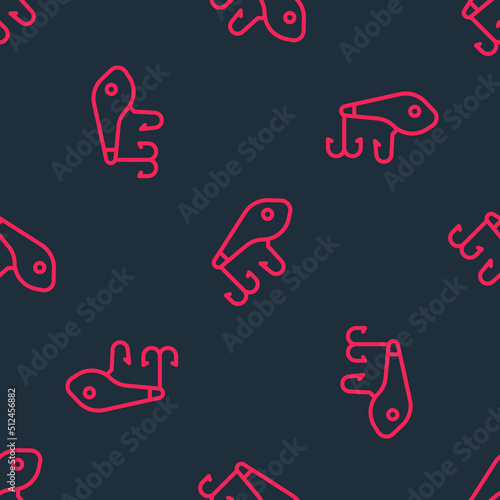 Red line Fishing lure icon isolated seamless pattern on black background. Fishing tackle. Vector