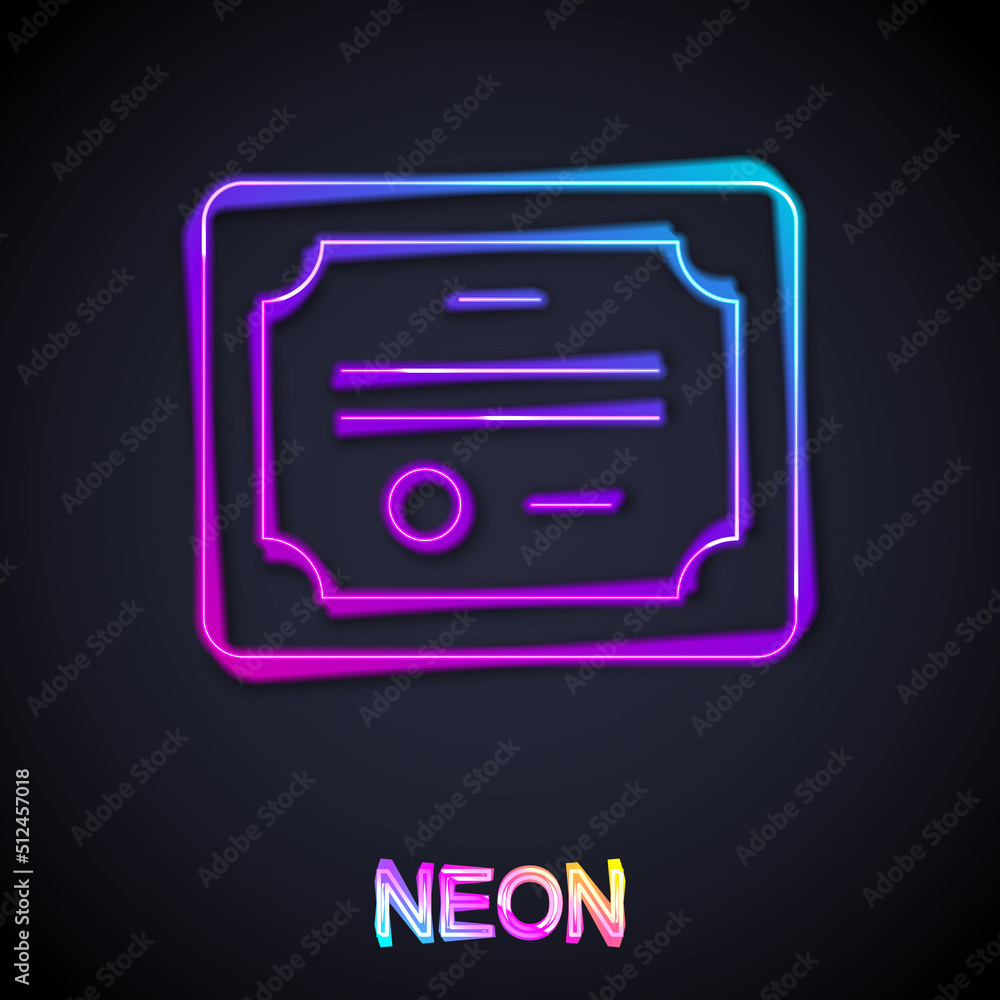 Glowing neon line Certificate template icon isolated on black background. Achievement, award, degree, grant, diploma concepts. Vector Glowing neon line Certificate template icon isolated on black background. Achievement, award, degree, grant, diploma concepts. Vector