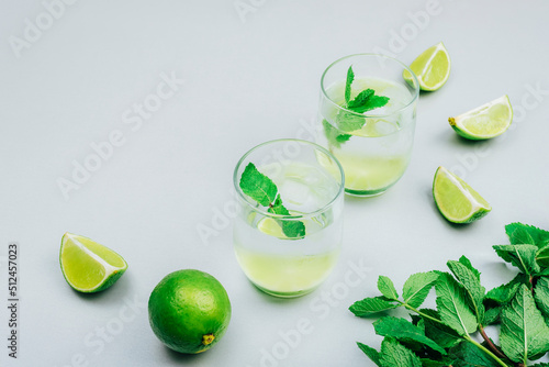 Summer antioxidant drink with lime slices and ice decorated with fresh mint leaves. Refreshing cold beverage. Grey background, top view, copy space