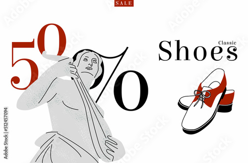 Vector image layout Advertising Shoe store Discount of 50 percent. Sculpture is painted as sign of classics Oxfords or Derby. It can be used in landing page design, signage, discount cards, etc.