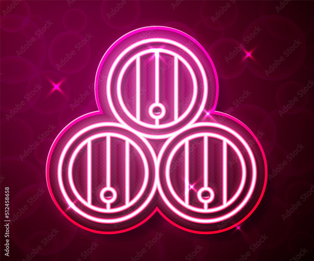 Glowing neon line Wooden barrel icon isolated on red background. Alcohol barrel, drink container, wooden keg for beer, whiskey, wine. Vector Glowing neon line Wooden barrel icon isolated on red background. Alcohol barrel, drink container, wooden keg for beer, whiskey, wine. Vector