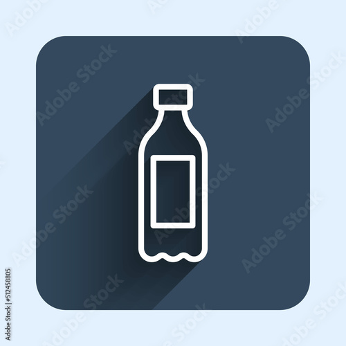 White line Bottle of water icon isolated with long shadow background. Soda aqua drink sign. Blue square button. Vector